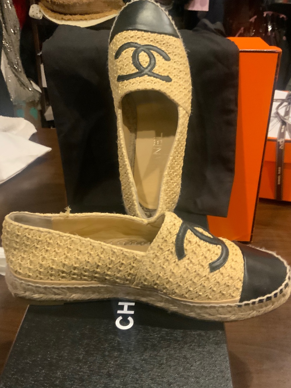 CHANEL Beige and Black Raffia Espadrille Flats with Leather Cap Toe